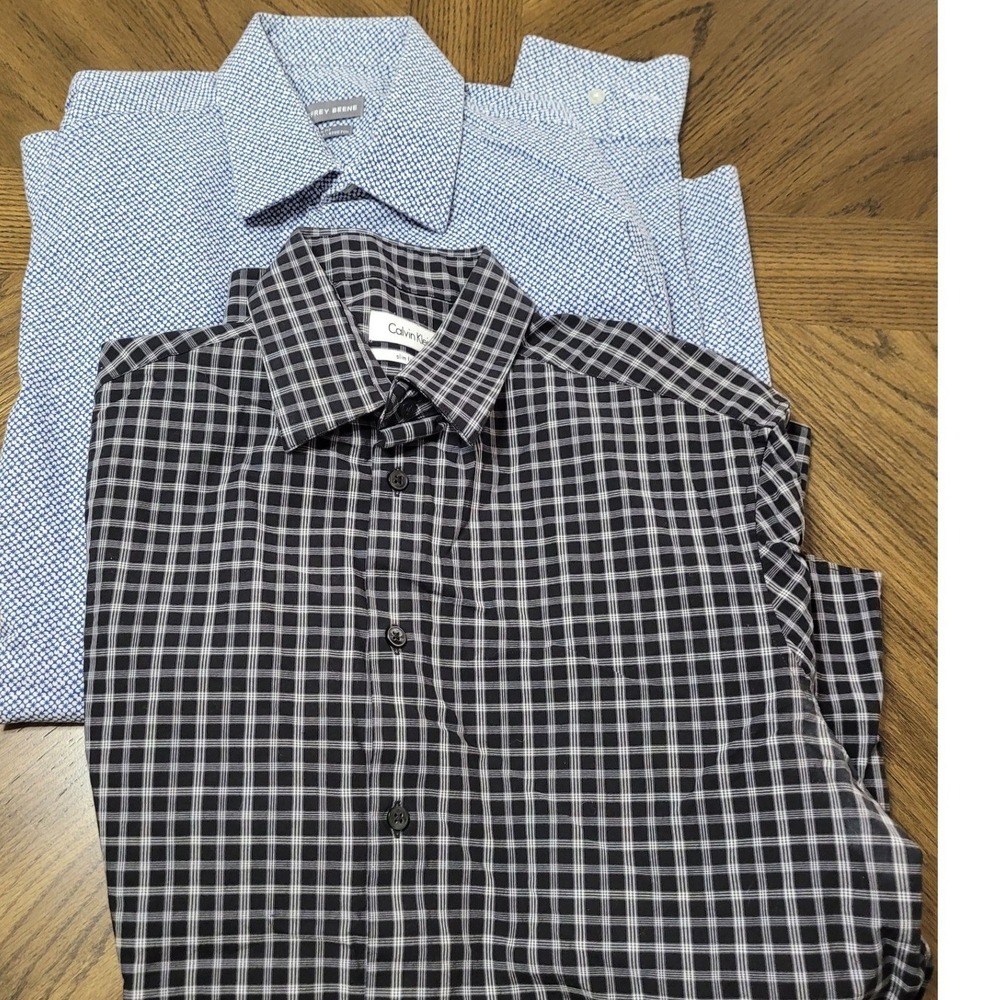Lot of 2 dress shirts Calvin Klein check‎ bk&wh / Geoffrey Beene bl&wh sz med